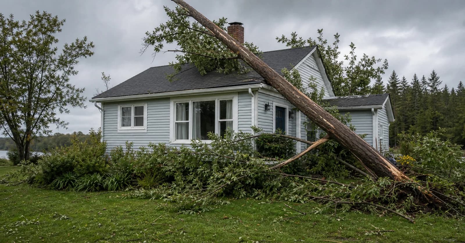 A small home after a windstorm with storm debris and a damaged tree nearby