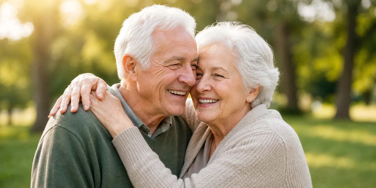 Smiling senior couple embracing outdoors
