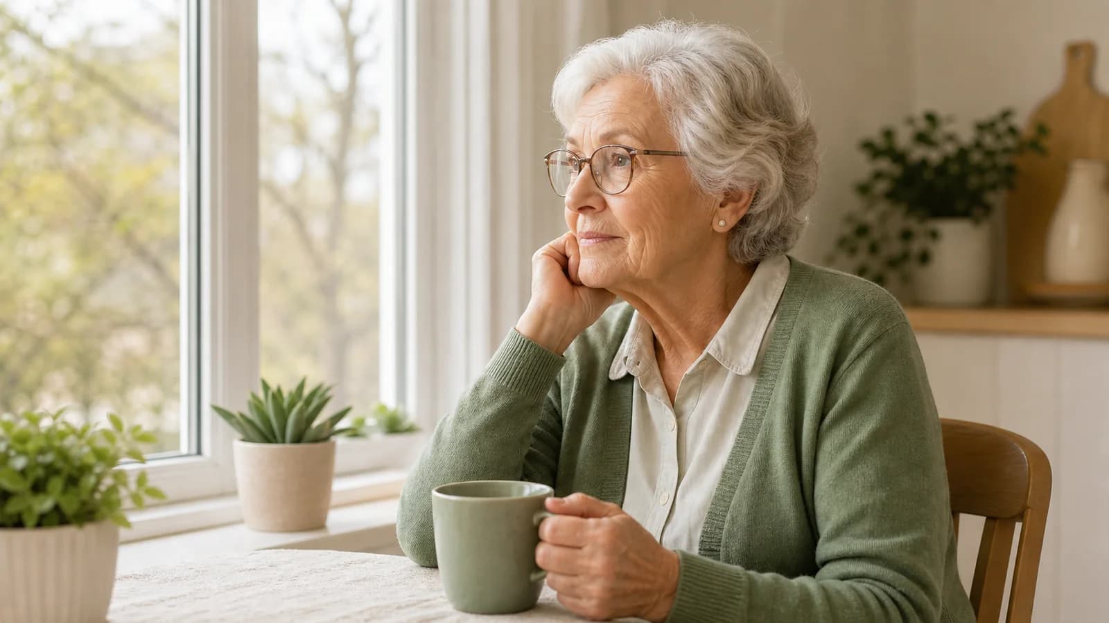 Senior woman sitting thoughtfully beside a window with a warm drink